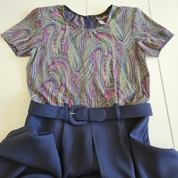 Cartise Intl Jumpsuit Womens 8 Navy Rainbow Wide Leg Palazzo Disco 90s VTG Boho - Picture 9 of 14